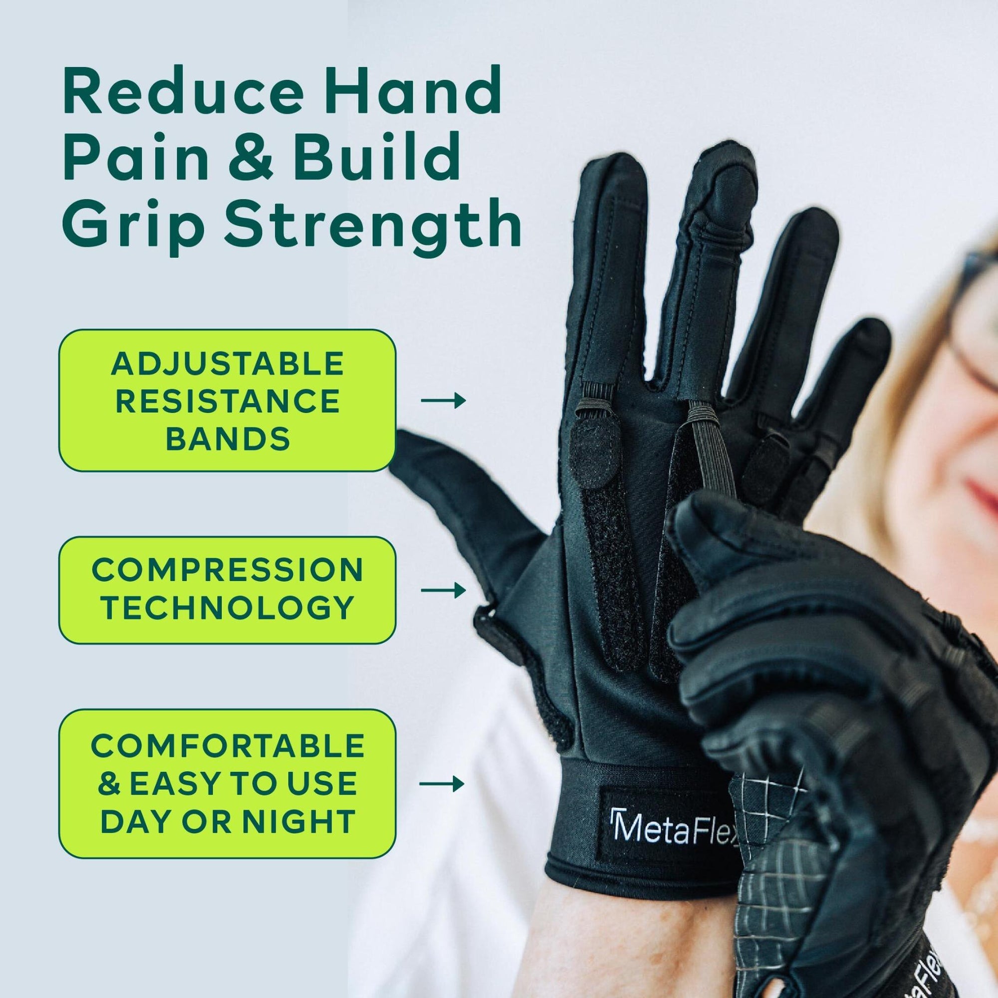 MetaFlex Adjustable Grip Strengthener Compression gloves innovate with adjustable resistance to improve grip strength and mobility, effective compression, non-slip grip palm, and provide comfortable and effective pain relief, day and night