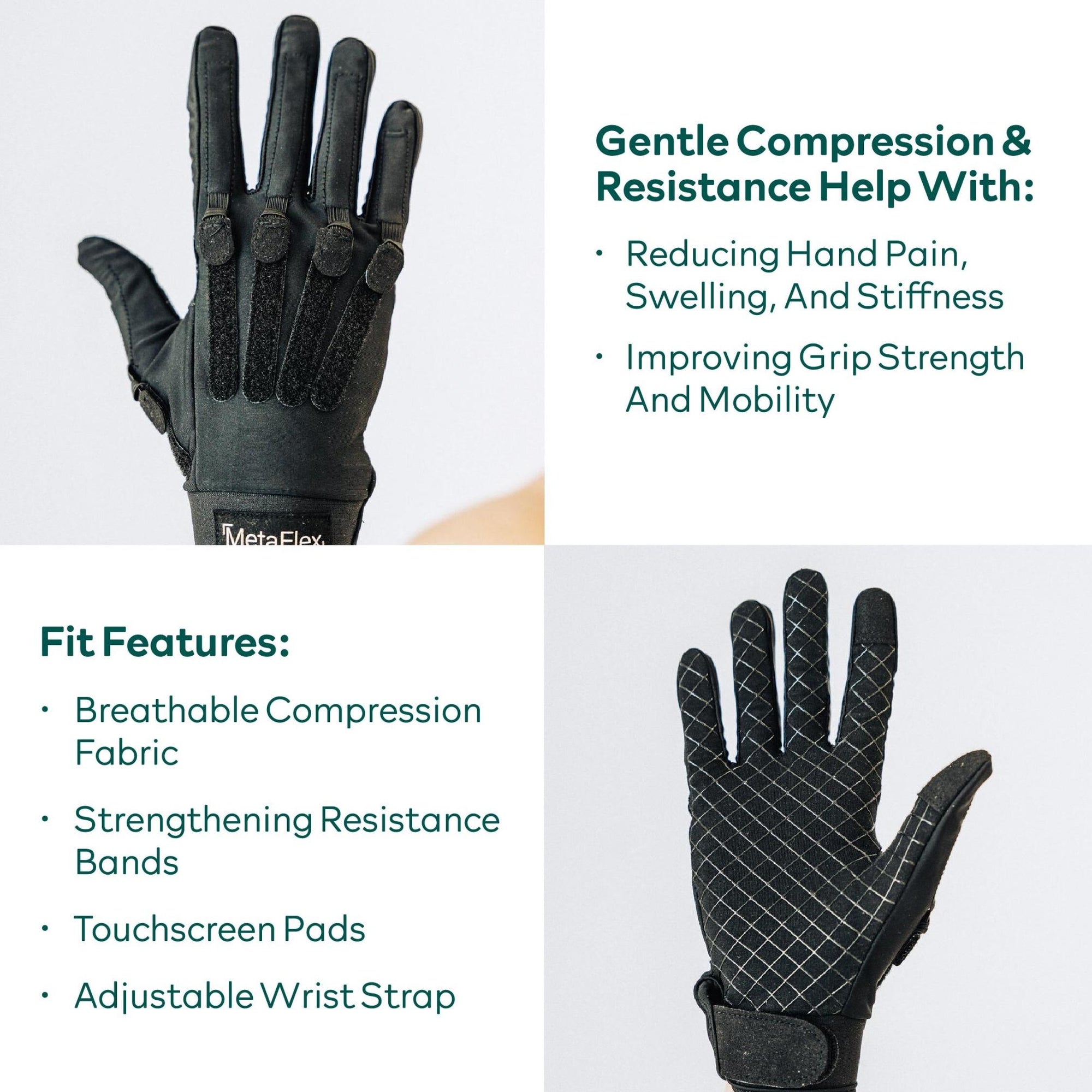 MetaFlex adjustable grip strengthener compression gloves provide gentle compression to reduce pain, swelling ,and stiffness while providing a comfortable compression and breathable fit